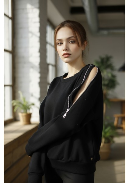 Kadın Omuzları Fermuar Detaylı Pamuklu Sweatshirt | Şık & Rahat Günlük Tarz indirimleri