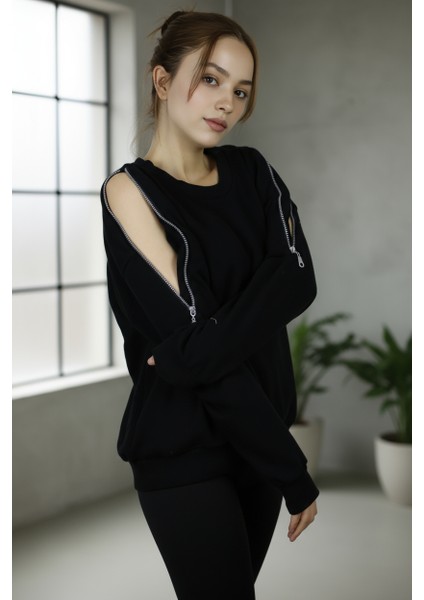 Kadın Omuzları Fermuar Detaylı Pamuklu Sweatshirt | Şık & Rahat Günlük Tarz