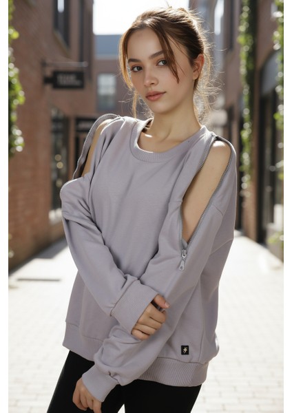 Kadın Omuzları Fermuar Detaylı Pamuklu Sweatshirt | Şık & Rahat Günlük Tarz