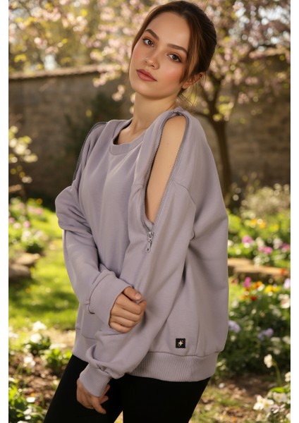 Kadın Omuzları Fermuar Detaylı Pamuklu Sweatshirt | Şık & Rahat Günlük Tarz