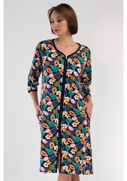 Kadın Büyük Beden Kapri Kollu V Yaka Fermuarlı Desenli Lacivert Ev Elbisesi C3T0N3804