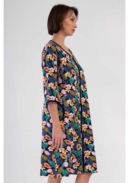 Kadın Büyük Beden Kapri Kollu V Yaka Fermuarlı Desenli Lacivert Ev Elbisesi C3T0N3804 fiyatları