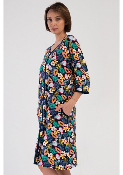Kadın Büyük Beden Kapri Kollu V Yaka Fermuarlı Desenli Lacivert Ev Elbisesi C3T0N3804 modelleri