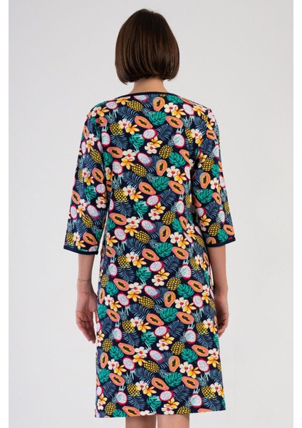 Kadın Büyük Beden Kapri Kollu V Yaka Fermuarlı Desenli Lacivert Ev Elbisesi C3T0N3804 fırsatları