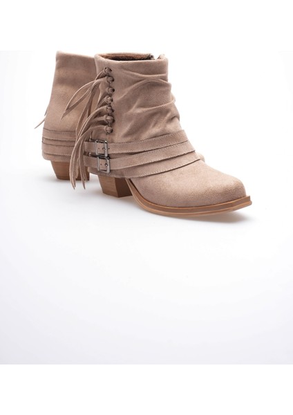 Kadın Süet Bot Büzgülü Topuklu Püsküllü Vizon Ferra