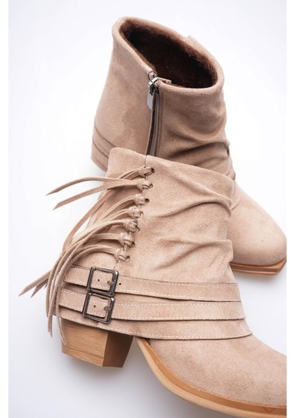 Kadın Süet Bot Büzgülü Topuklu Püsküllü Vizon Ferra fırsatları