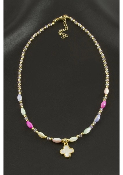 Çiçek Sedef Cam Boncuk Kristal Kolye