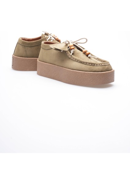 Kadın Süet Loafer Ayakkabı Bağcık Boncuk Detaylı Haki Kavera