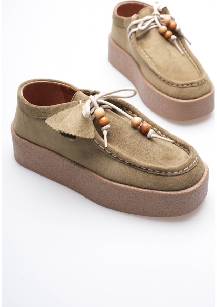 Kadın Süet Loafer Ayakkabı Bağcık Boncuk Detaylı Haki Kavera fiyatları