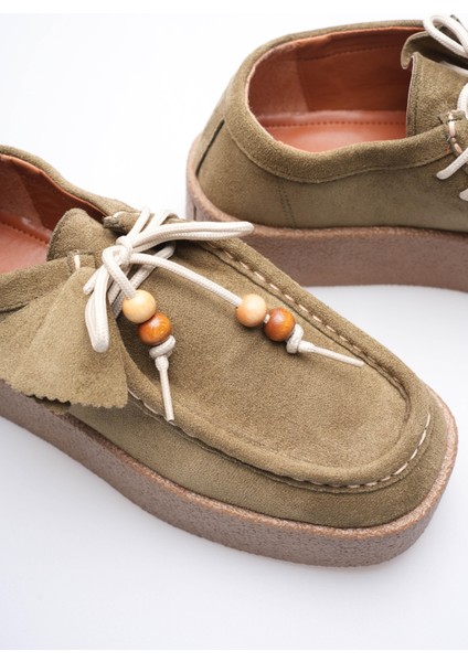 Kadın Süet Loafer Ayakkabı Bağcık Boncuk Detaylı Haki Kavera fırsatları
