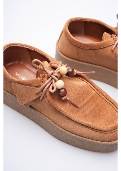 Kadın Süet Loafer Ayakkabı Bağcık Boncuk Detaylı Taba Kavera fırsatları