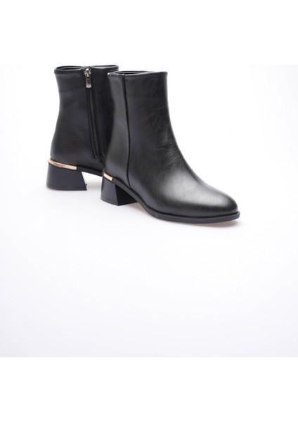 Kadın Deri Bot Topuklu Gold Detaylı Femuarlı Siyah Elaris
