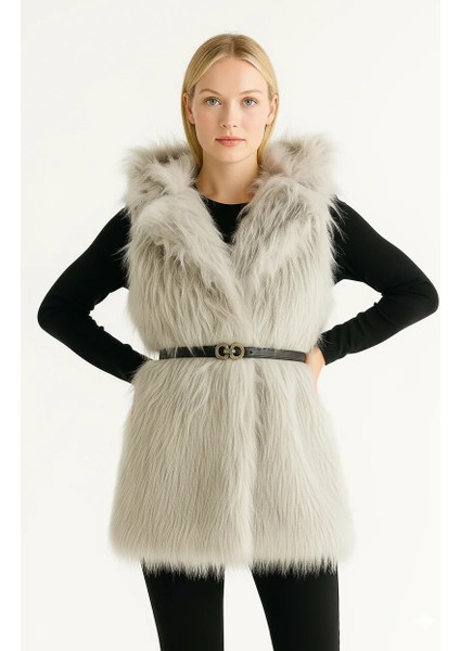 Kadın Bej Kemerli ve Düğme Kapama Kürk Lolita Yelek