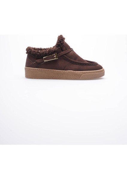 Kadın Süet Loafer Ayakkabı Kürklü Tokalı Kahve Selva modelleri