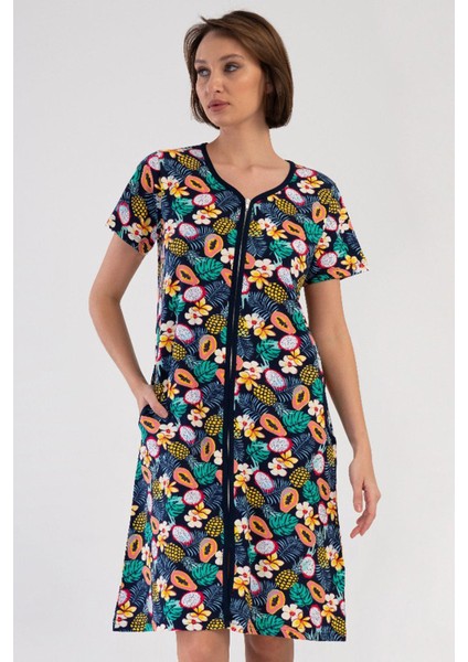 Kadın Kısa Kollu V Yaka Fermuarlı Desenli Lacivert Ev Elbisesi C2T0N3804