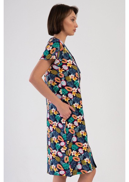 Kadın Kısa Kollu V Yaka Fermuarlı Desenli Lacivert Ev Elbisesi C2T0N3804 fiyatları