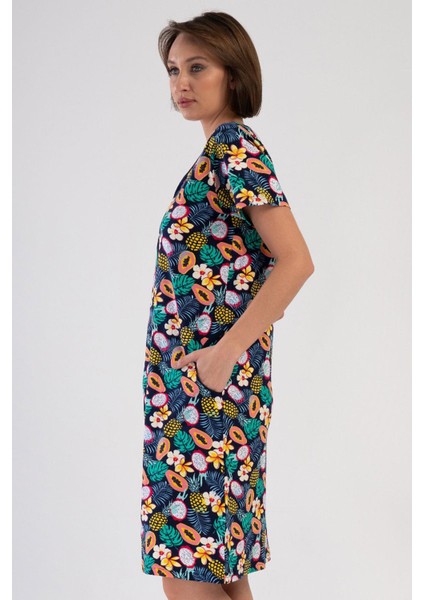 Kadın Kısa Kollu V Yaka Fermuarlı Desenli Lacivert Ev Elbisesi C2T0N3804 modelleri