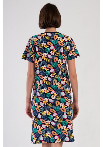 Kadın Kısa Kollu V Yaka Fermuarlı Desenli Lacivert Ev Elbisesi C2T0N3804 fırsatları