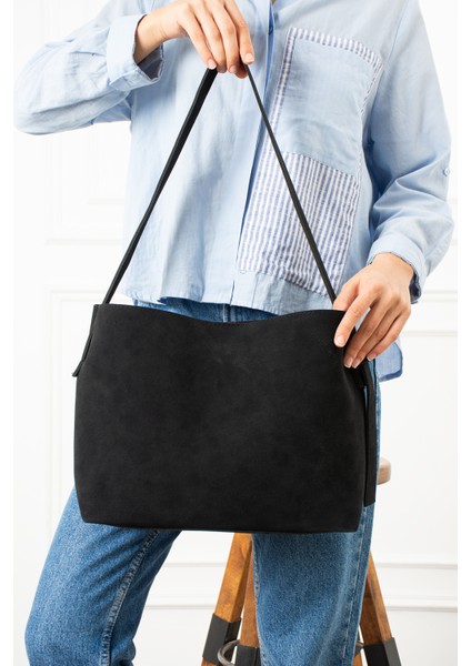 Ravenna Süet Mıknatıs Kapamalı Fermuarlı Iç Bölme Büyük Boy Shopper Kadın Omuz Çantası