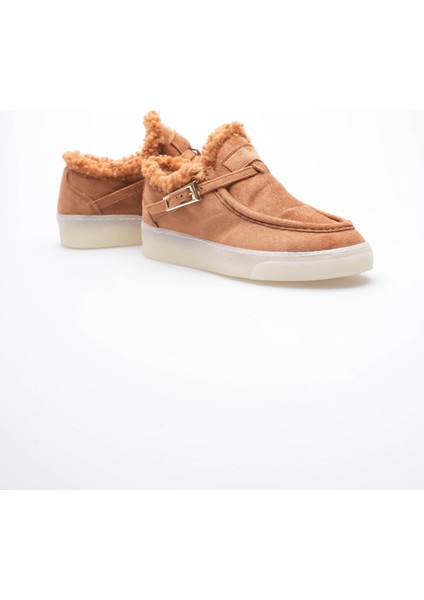 Kadın Süet Loafer Ayakkabı Kürklü Tokalı Taba Selva