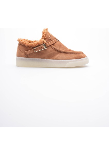 Kadın Süet Loafer Ayakkabı Kürklü Tokalı Taba Selva modelleri