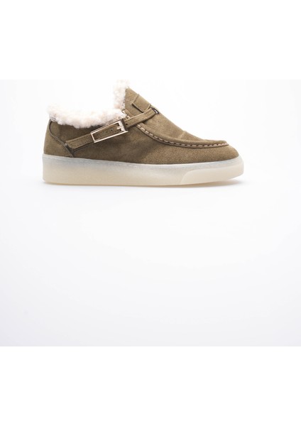 Kadın Süet Loafer Ayakkabı Kürklü Tokalı Haki Selva modelleri
