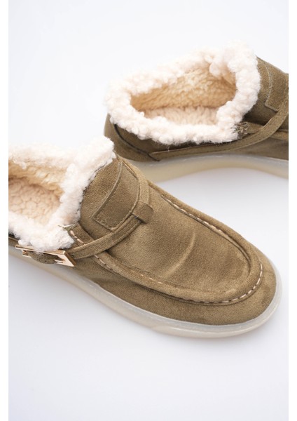 Kadın Süet Loafer Ayakkabı Kürklü Tokalı Haki Selva fırsatları