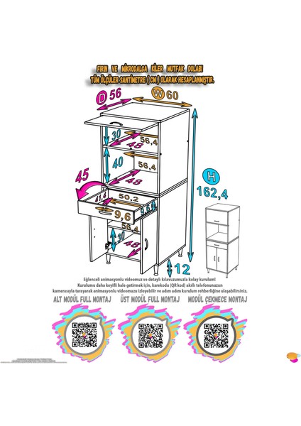 Salsa Mutfak Dolabı Tek Çekmece, 3 Kapaklı. Ekmeklik / Fırın / Mikrodalga Dolabı 60X162,4X56 cm fiyatları