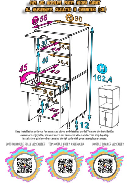 Salsa Mutfak Dolabı Tek Çekmece, 3 Kapaklı. Ekmeklik / Fırın / Mikrodalga Dolabı 60X162,4X56 cm