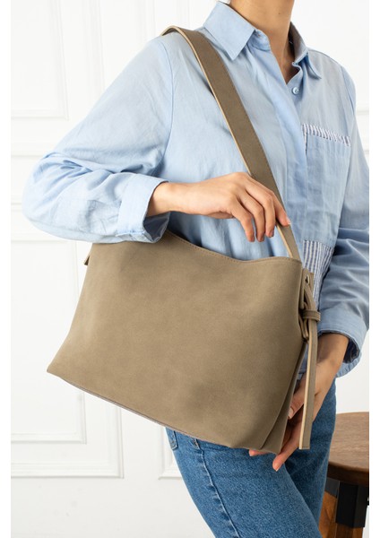 Ravenna Süet Mıknatıs Kapamalı Fermuarlı Iç Bölme Büyük Boy Shopper Kadın Omuz Çantası