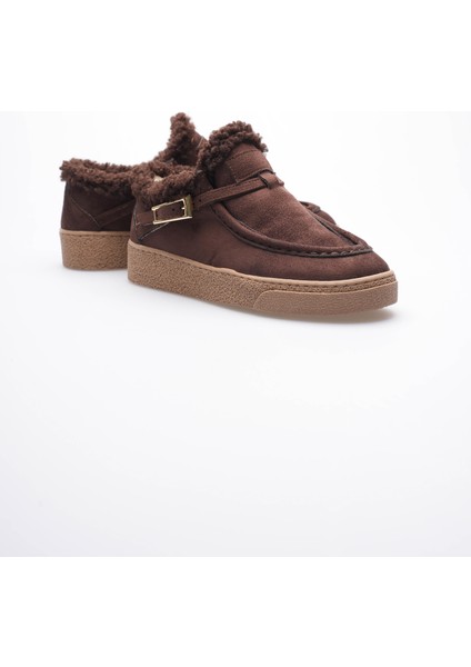 Kadın Süet Loafer Ayakkabı Kürklü Tokalı Kahve Selva