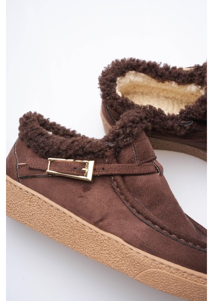 Kadın Süet Loafer Ayakkabı Kürklü Tokalı Kahve Selva fırsatları