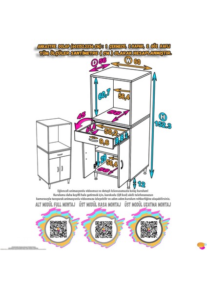 Simba Ankastre Dolap Tek Çekmece, 2 Kapak, 2 Göz Raflı Mutfak Dolabı Beyaz Dolap 60X152.3X56 cm fiyatları