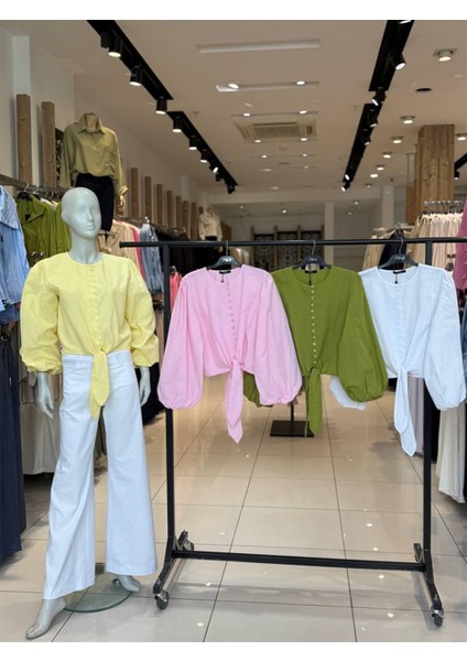 2113 Önü Ful Düğmeli Eteği Bağıcıklı Viscon Gömlek