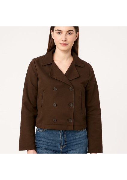 Kadın Kahverengi Kısa Süet Astarlı ve Cepli Trençkot/ceket