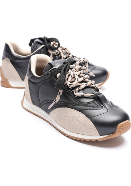 Kadın Deri Sneaker Paraşüt Detaylı Siyah-Bej Lurea