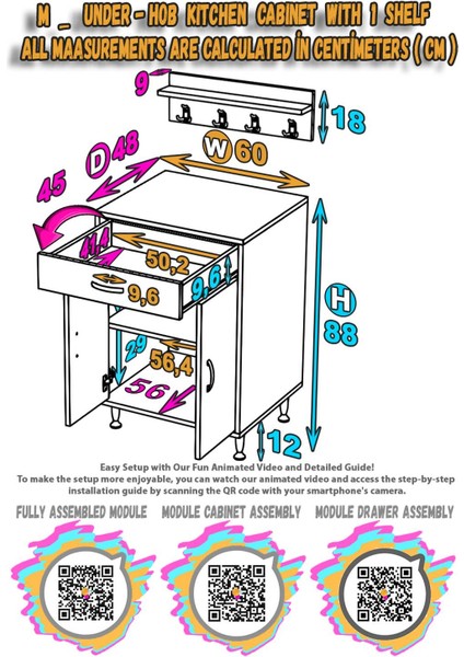 Milas (M) Mutfak Dolabı Set Ocak Altı Dolap Mutfak Dolabı Baharat Raflı Beyaz Dolap 60X88X48 cm