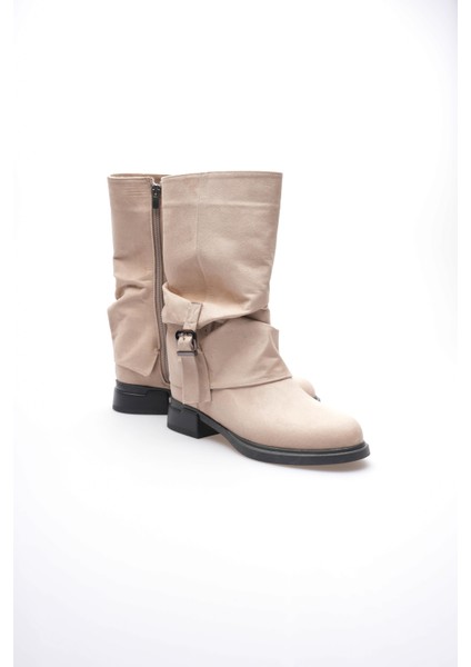 Kadın Süet Bot Körüklü Fermuarlı Platin Tokalı Vizon Vandira