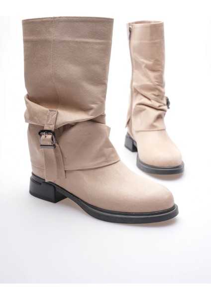 Kadın Süet Bot Körüklü Fermuarlı Platin Tokalı Vizon Vandira modelleri