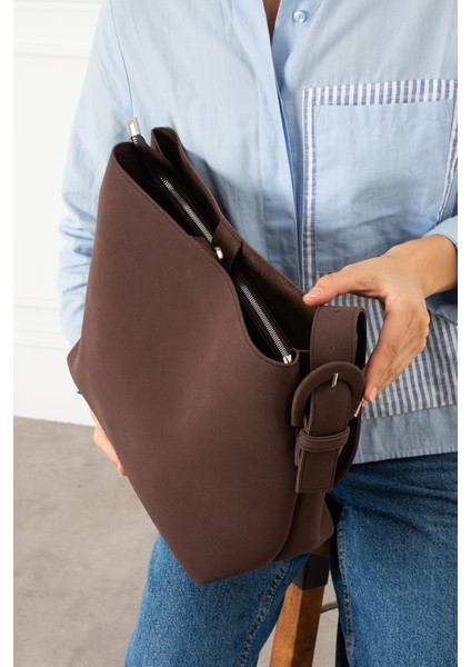 Ravenna Süet Mıknatıs Kapamalı Fermuarlı Iç Bölme Büyük Boy Shopper Kadın Omuz Çantası