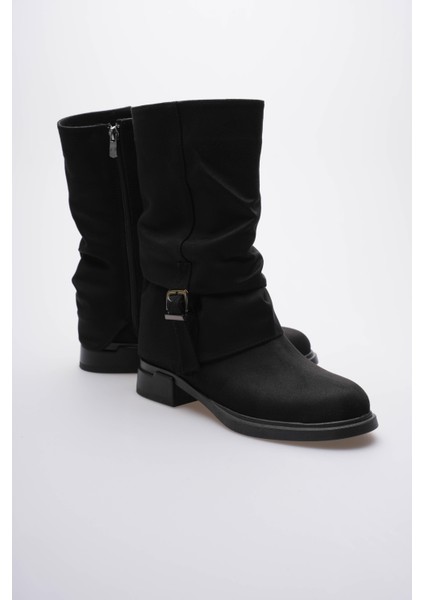 Kadın Süet Bot Körüklü Fermuarlı Platin Tokalı Siyah Vandira