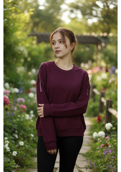 Kadın Omuzları Fermuar Detaylı Pamuklu Sweatshirt | Şık & Rahat Günlük Tarz fırsatları