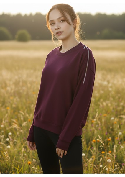 Kadın Omuzları Fermuar Detaylı Pamuklu Sweatshirt | Şık & Rahat Günlük Tarz indirimleri