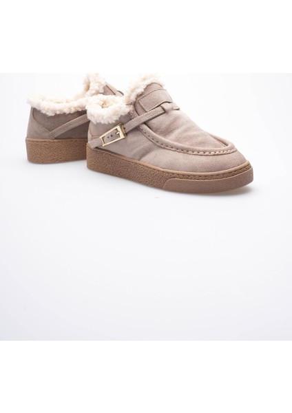 Kadın Süet Loafer Ayakkabı Kürklü Tokalı Vizon Selva