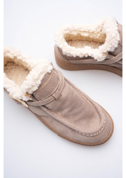 Kadın Süet Loafer Ayakkabı Kürklü Tokalı Vizon Selva fiyatları