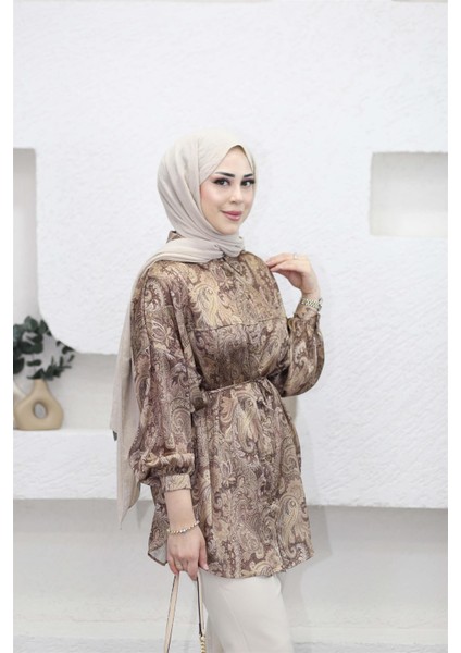 313 Otantik Desenli Bağıcıklı Saten Gömlek