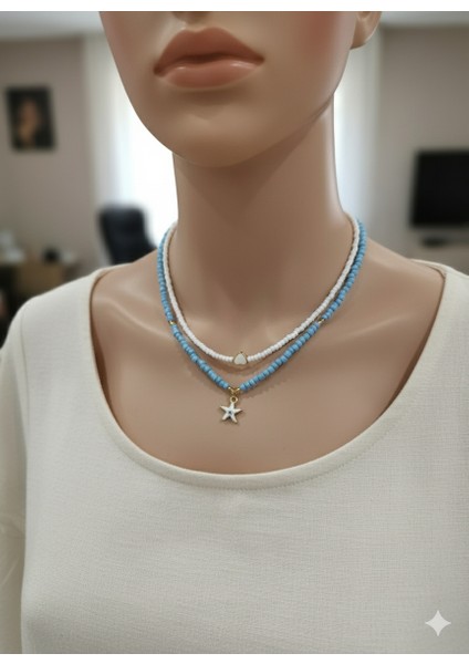 Zarif Ince Kum Boncuk Deniz Yıldızı Kalpli Iki Katlı Kolye Choker Günlük Tatil Deniz Temalı