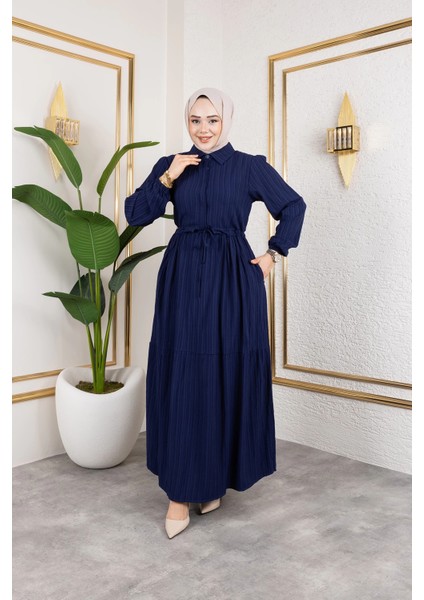 Lara Kumaş Yarım Düğmeli Kadın Elbise - Lacivert / E0121 indirimleri