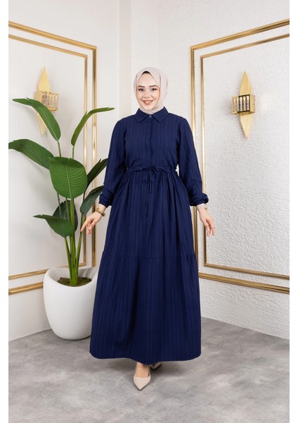 Lara Kumaş Yarım Düğmeli Kadın Elbise - Lacivert / E0121