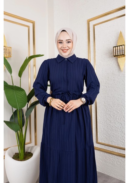 Lara Kumaş Yarım Düğmeli Kadın Elbise - Lacivert / E0121